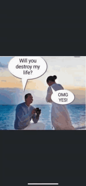 a man is kneeling down in front of a woman and asking her if she will destroy her life .