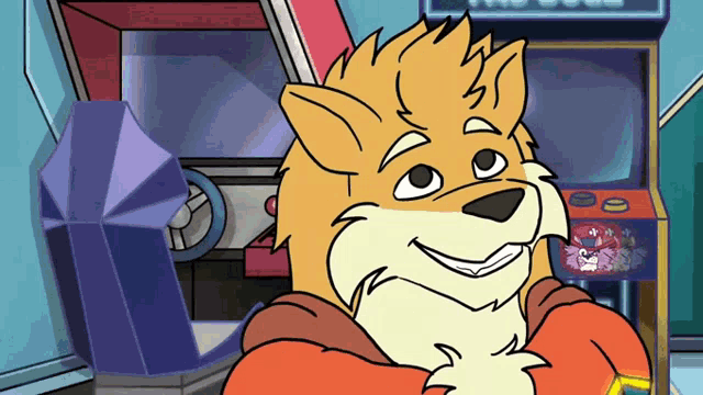 a cartoon fox is sitting in front of a video game machine
