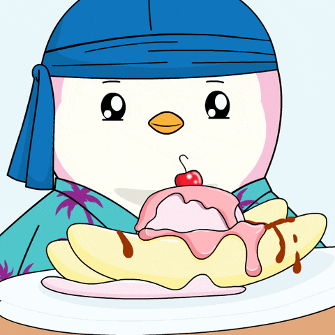 a cartoon penguin is holding a plate of food with a cherry on top