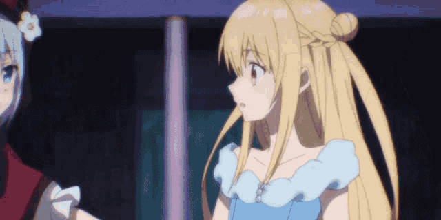 a blonde anime girl in a blue dress stands next to a white girl