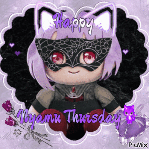 a picture of a stuffed animal with the words happy nyamu thursday written on it