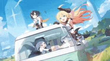 three anime girls are riding in the back of a green van