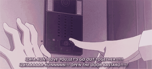 a person is pressing a button on a door with a purple background and a quote .