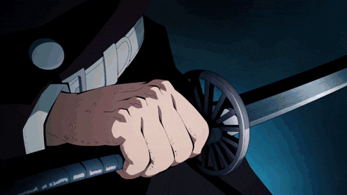 a man in a suit is holding a sword with a wheel on the blade