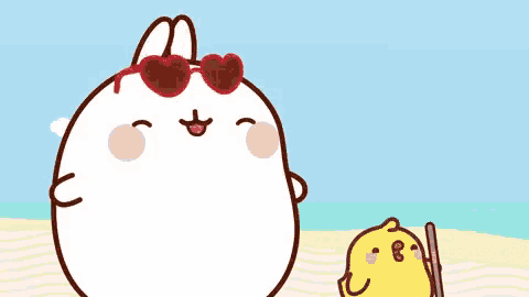 a cartoon rabbit wearing heart shaped sunglasses and a yellow chicken holding a straw on the beach .