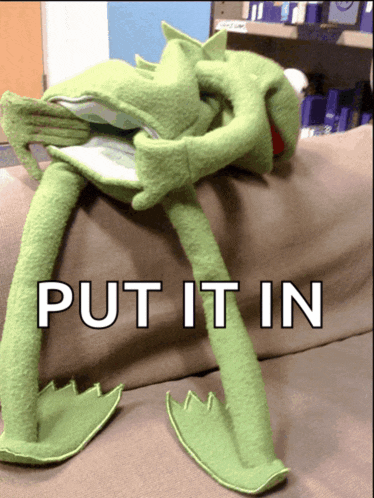 a stuffed kermit the frog is laying on a couch with the words put it in above him