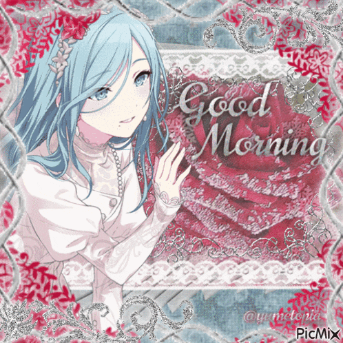 a picture of a girl with blue hair and the words good morning on it