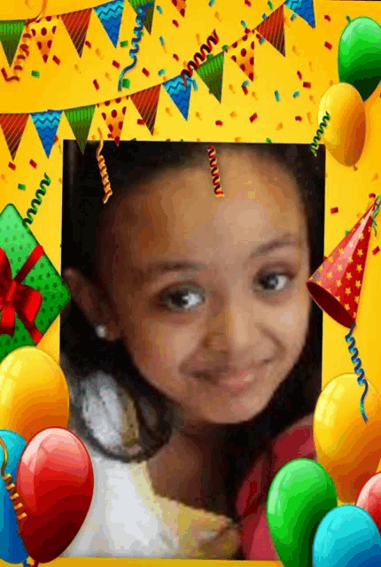 a little girl is surrounded by balloons and confetti in a birthday frame
