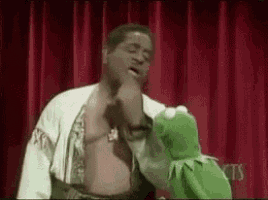 a man is standing on a stage with a kermit the frog puppet .