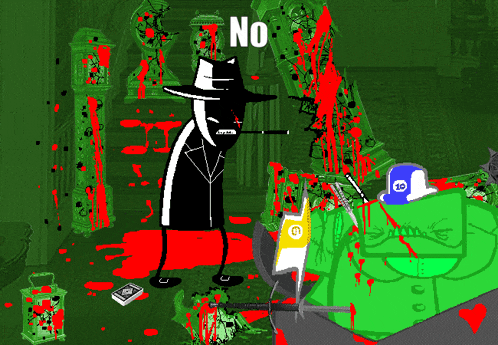 a cartoon of a man with a gun and the word no