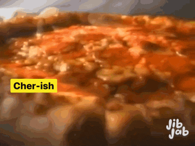 a close up of a pizza with cher-ish written on it