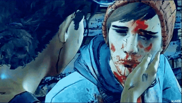 a drawing of a man with blood on his face has kmr written on the bottom right