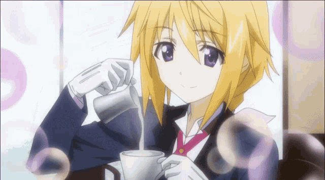 a girl with blonde hair and purple eyes pouring milk into a cup