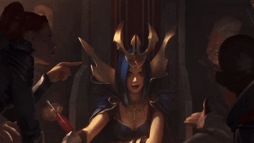 a woman with a crown on her head is surrounded by people