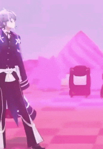 a man in a mask is standing in front of a pink tent .