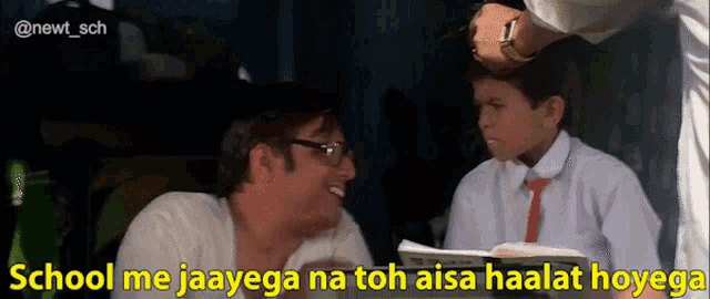 a man and a boy are sitting in a classroom with a caption that says school me jaayega na