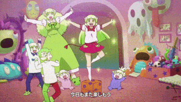 a group of cartoon characters are dancing in a room with chinese writing on the bottom