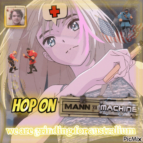 a picture of a girl with the words hop on mann vs machine