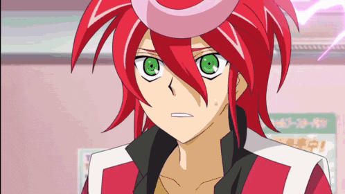 a cartoon character with red hair and green eyes is wearing a pink hat