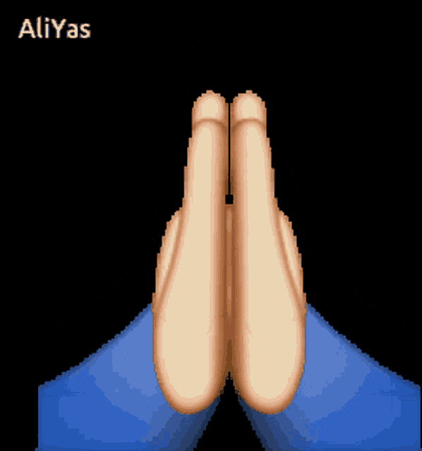 a pixel art of a person 's hands folded in prayer with the name aliyas above them