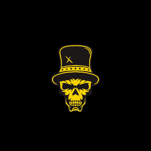 a yellow skull wearing a top hat with a cross on it