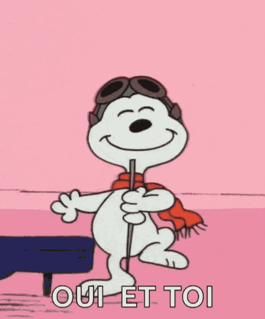a cartoon of snoopy wearing a scarf and goggles holding a stick with the words oui et toi below him