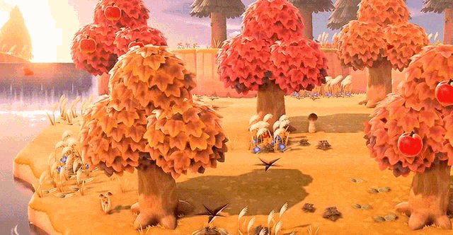 a video game scene with trees with red leaves