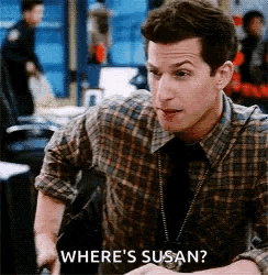a man in a plaid shirt is sitting at a table and asking where 's susan ?