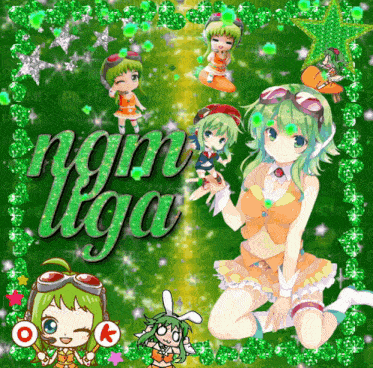 a girl with green hair is kneeling down in front of a green background that says " nama uga "