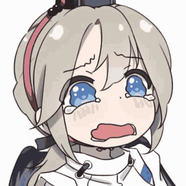 a cartoon girl with blue eyes is crying and making a face .