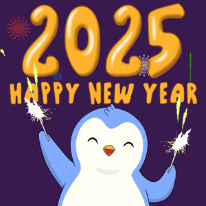 a penguin is holding sparklers in front of a sign that says " happy new year "