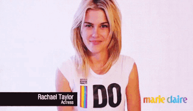 a woman wearing a t-shirt that says " i do "