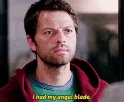 a man with a beard is wearing a red hoodie and a green shirt and says i had my angel blade .