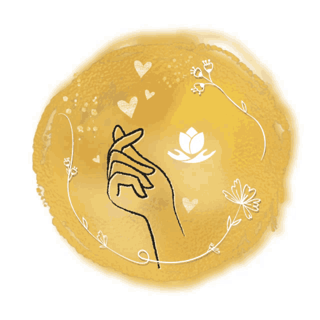 a drawing of a hand making a heart shape with a flower in the background