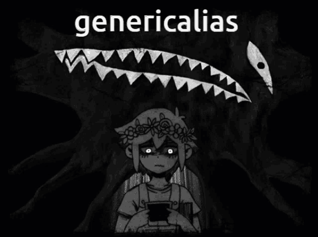 a black and white drawing of a girl with a crown of flowers on her head and the words genericalias on the bottom