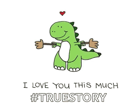 a cartoon of a dinosaur holding a stick with the words `` i love you this much '' written below it .