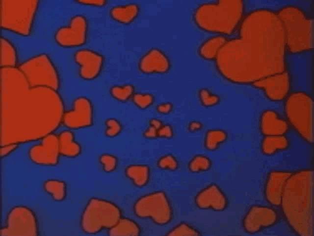 a blue background with red hearts floating around