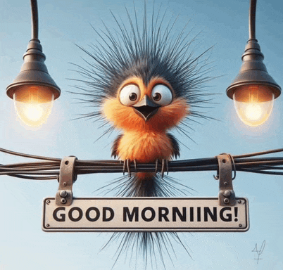 a bird is sitting on a wire holding a sign that says " good morning "