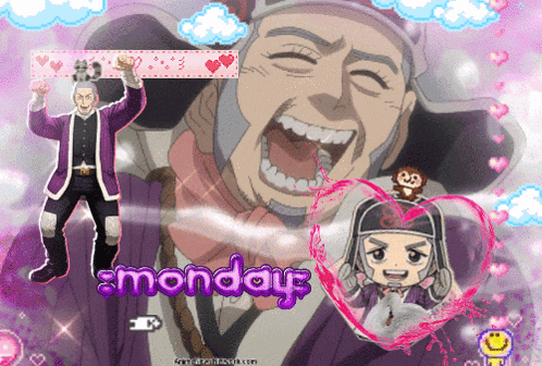 the word monday is on a pink background with a cartoon character