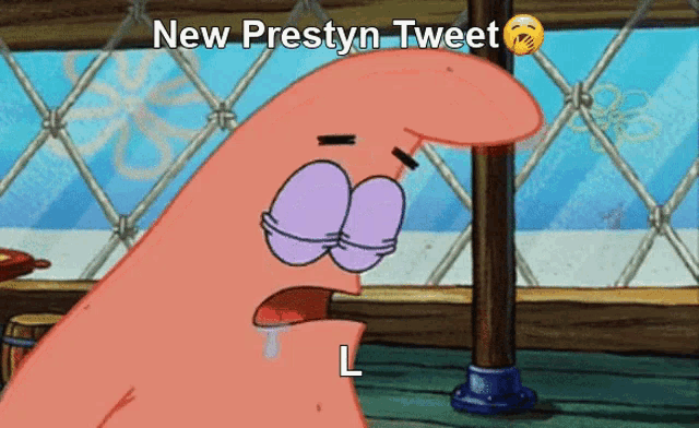 a cartoon character with a tear coming out of his eye and the words new prestyn tweet