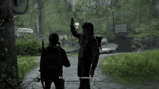 a video game screen shows a man giving a high five to a woman named ellie