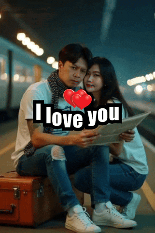 a man and a woman are sitting on a suitcase with the words i love you on the bottom