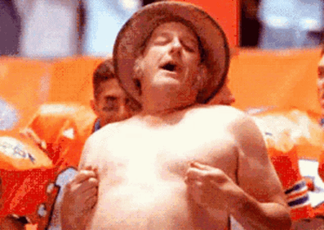 a shirtless man wearing a cowboy hat is holding his breasts in a crowd of people .