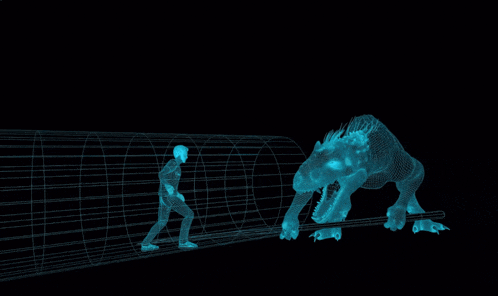 a wireframe of a dinosaur and a man in a tunnel