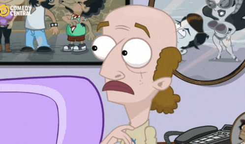 a cartoon of a bald man with a phone in front of a picture that says comedy central on it
