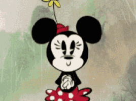 a cartoon of minnie mouse holding a yellow flower
