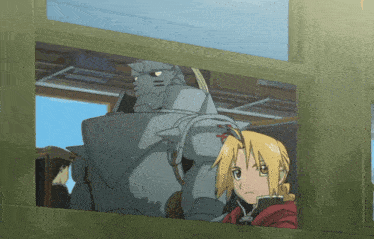 a cartoon of a boy and a robot looking out of a window