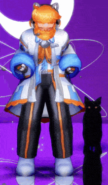 a man with a beard is standing next to a black cat on a purple surface