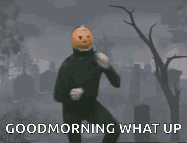a man with a pumpkin on his head is dancing in a cemetery and says good morning what up