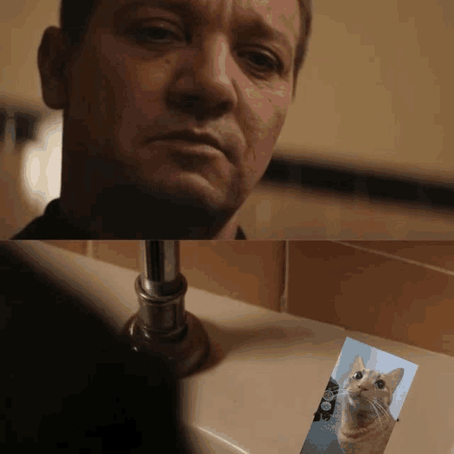 a picture of a man and a picture of a cat in a bathroom